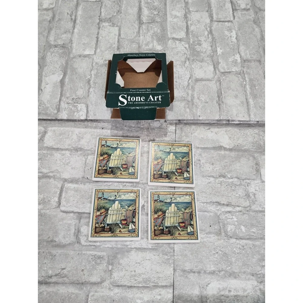 Absorbent Stone Coasters Beach Vacation Set of 4 Cork Backs Absorbent 4